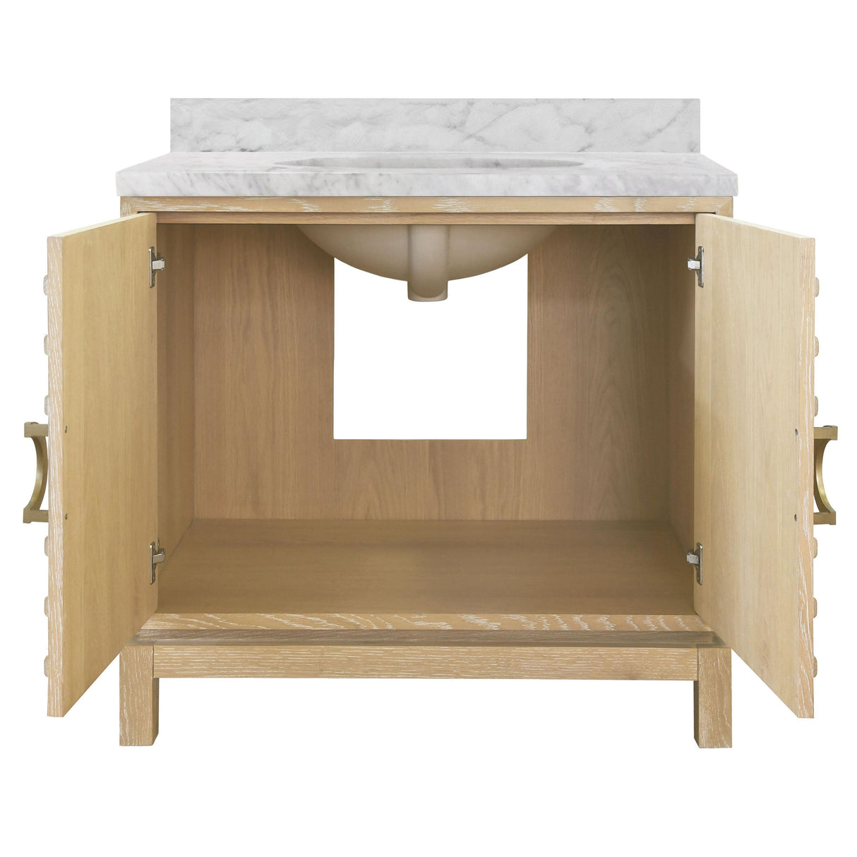 Worlds Away Bath Vanity In Cerused Oak With Antique Brass Circle Hardware, White Marble Top, And Porcelain Sink