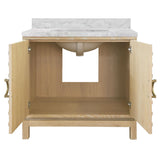Worlds Away Bath Vanity In Cerused Oak With Antique Brass Circle Hardware, White Marble Top, And Porcelain Sink