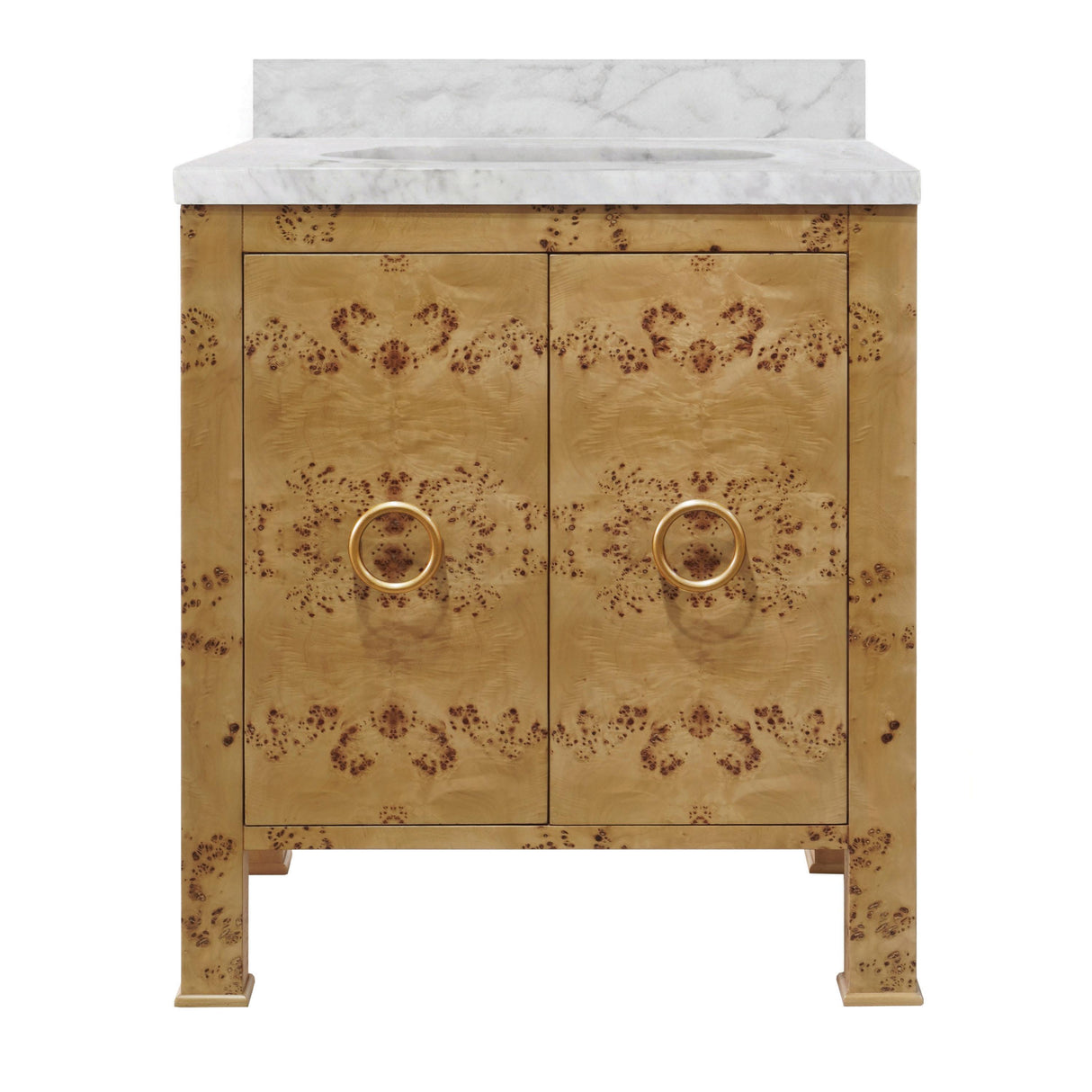 Worlds Away Bath Vanity In Burl Wood W/ Ant. Brass Hardware, White Marble Top, And Porcelain Sink