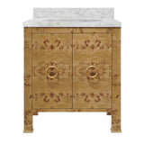 Worlds Away Bath Vanity In Burl Wood W/ Ant. Brass Hardware, White Marble Top, And Porcelain Sink