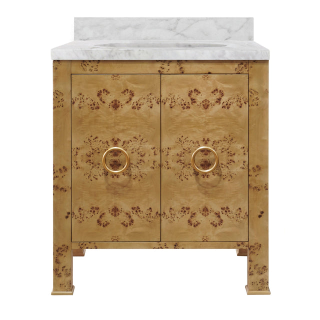 Worlds Away Bath Vanity In Burl Wood W/ Ant. Brass Hardware, White Marble Top, And Porcelain Sink