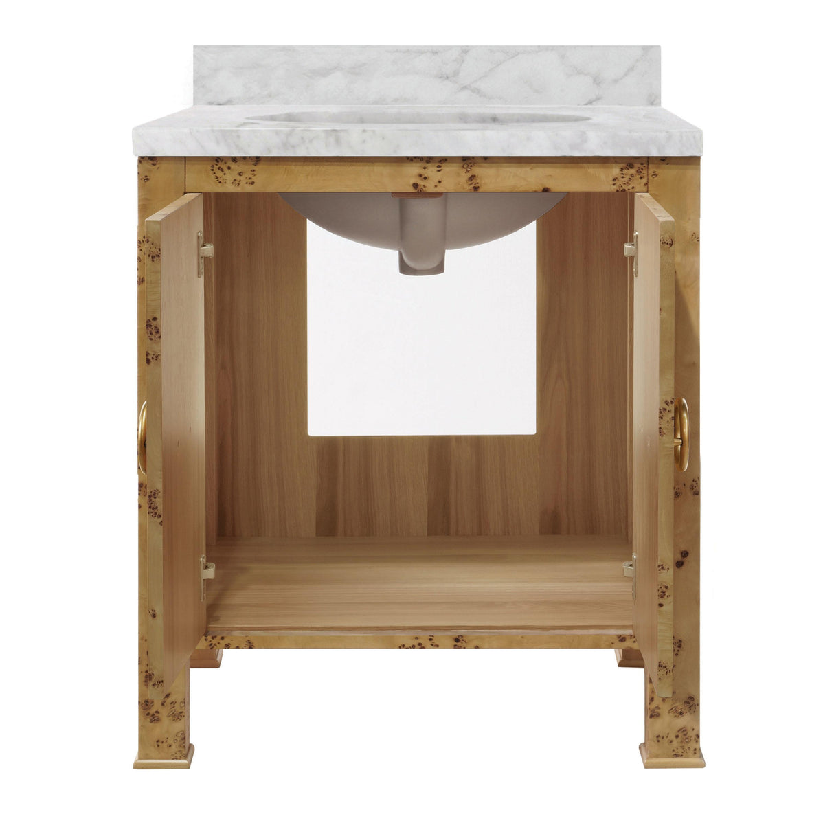 Worlds Away Bath Vanity In Burl Wood W/ Ant. Brass Hardware, White Marble Top, And Porcelain Sink