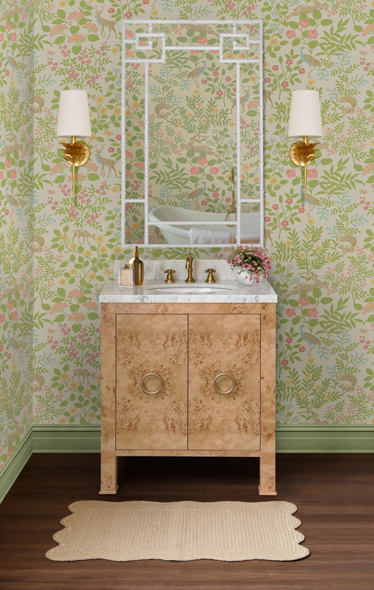 Worlds Away Bath Vanity In Burl Wood W/ Ant. Brass Hardware, White Marble Top, And Porcelain Sink