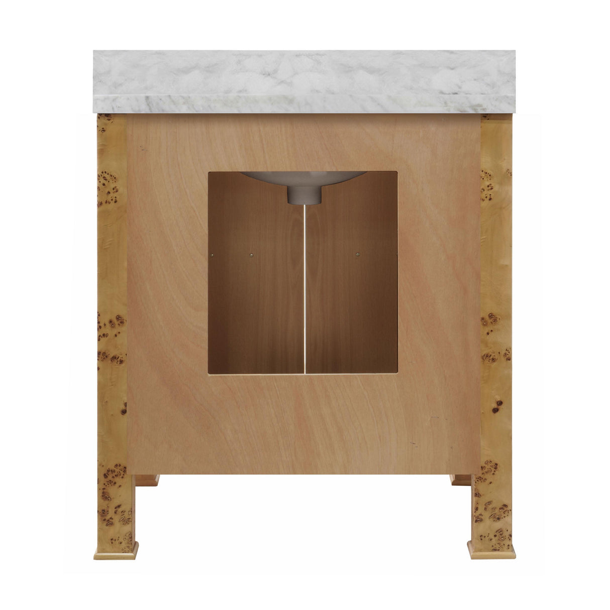 Worlds Away Bath Vanity In Burl Wood W/ Ant. Brass Hardware, White Marble Top, And Porcelain Sink