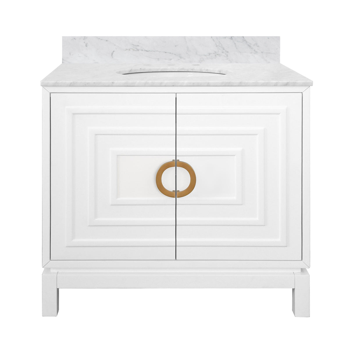 Worlds Away Bath Vanity In Matte White Lacquer With Antique Brass Circle Hardware, White Marble Top, And Porcelain Sink