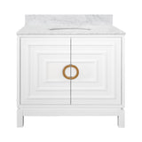 Worlds Away Bath Vanity In Matte White Lacquer With Antique Brass Circle Hardware, White Marble Top, And Porcelain Sink