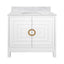 Worlds Away Bath Vanity In Matte White Lacquer With Antique Brass Circle Hardware, White Marble Top, And Porcelain Sink