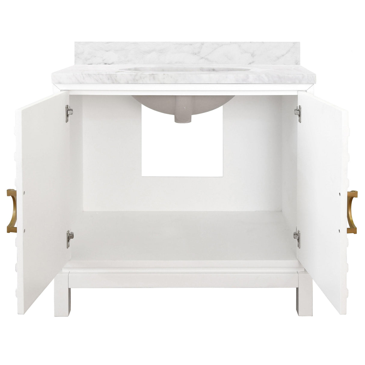 Worlds Away Bath Vanity In Matte White Lacquer With Antique Brass Circle Hardware, White Marble Top, And Porcelain Sink