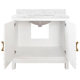 Worlds Away Bath Vanity In Matte White Lacquer With Antique Brass Circle Hardware, White Marble Top, And Porcelain Sink