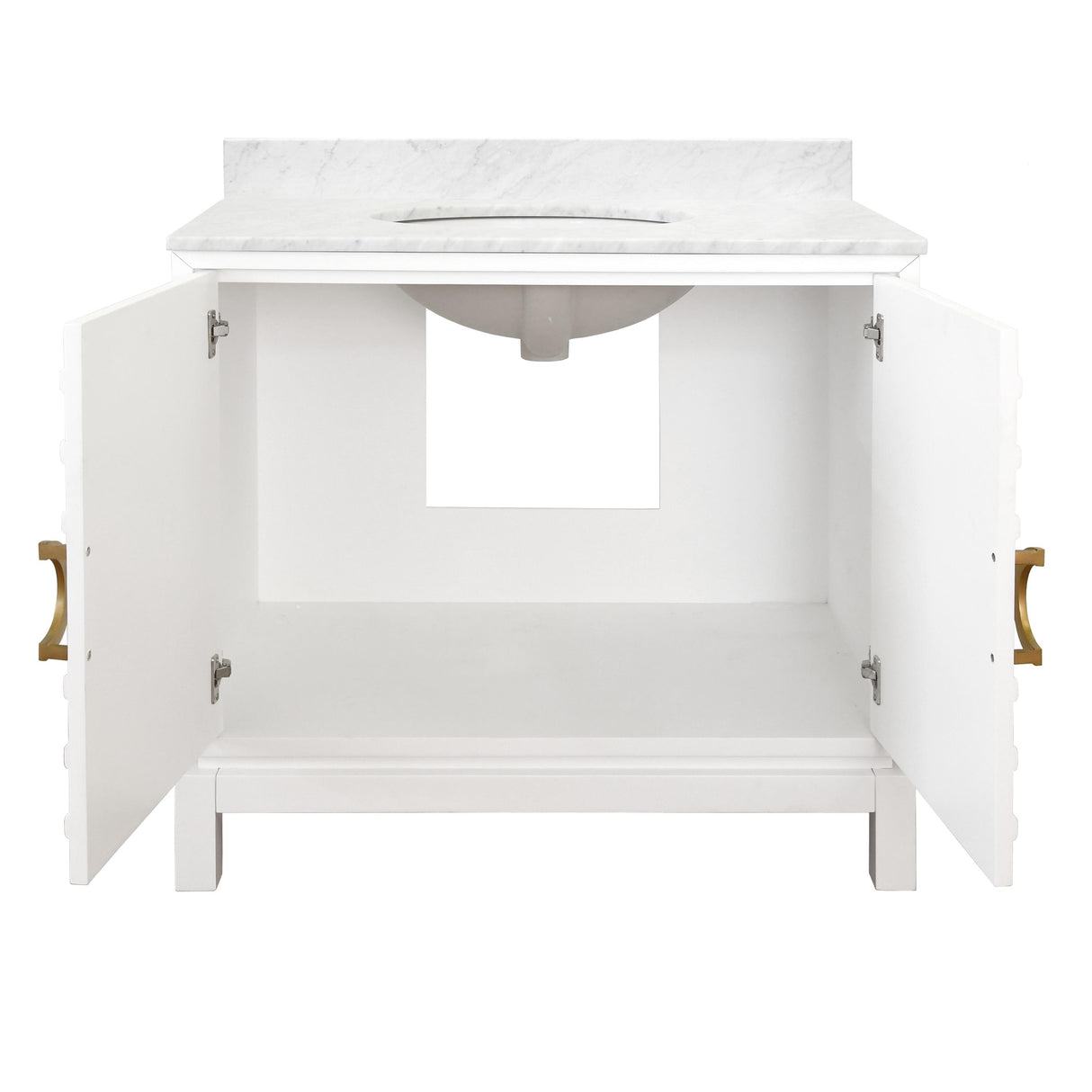 Worlds Away Bath Vanity In Matte White Lacquer With Antique Brass Circle Hardware, White Marble Top, And Porcelain Sink
