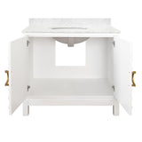 Worlds Away Bath Vanity In Matte White Lacquer With Antique Brass Circle Hardware, White Marble Top, And Porcelain Sink