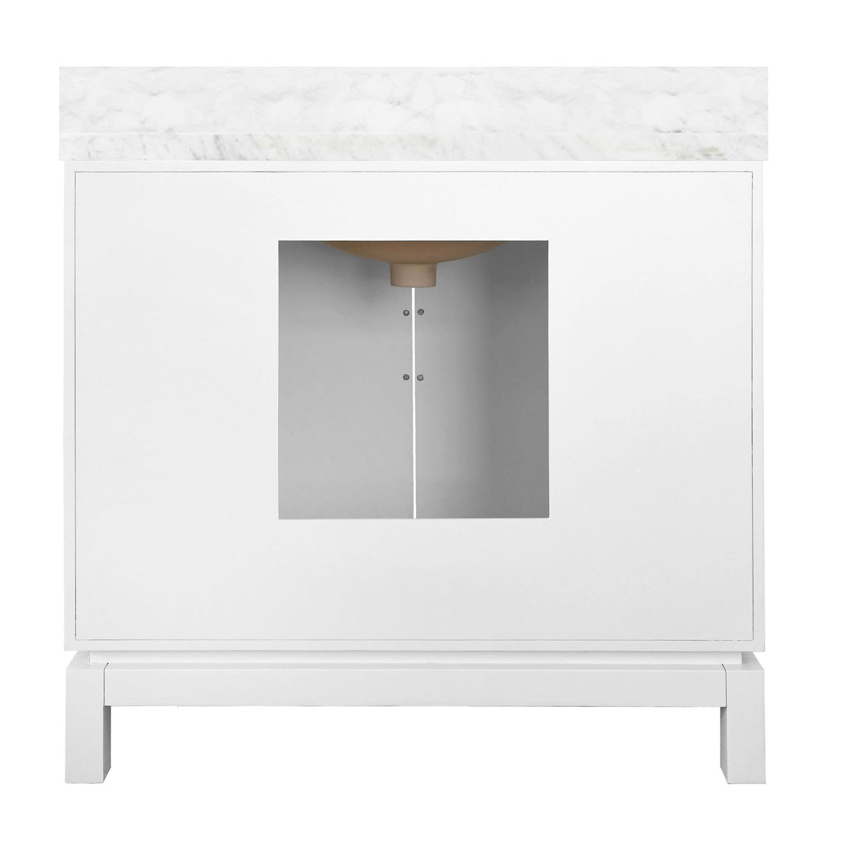 Worlds Away Bath Vanity In Matte White Lacquer With Antique Brass Circle Hardware, White Marble Top, And Porcelain Sink