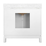 Worlds Away Bath Vanity In Matte White Lacquer With Antique Brass Circle Hardware, White Marble Top, And Porcelain Sink
