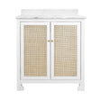 Worlds Away Bath Vanity In Matte White Lacquer With Cane Front Doors, White Marble Top, And Porcelain Sink