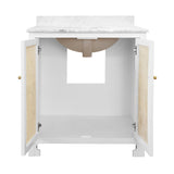Worlds Away Bath Vanity In Matte White Lacquer With Cane Front Doors, White Marble Top, And Porcelain Sink