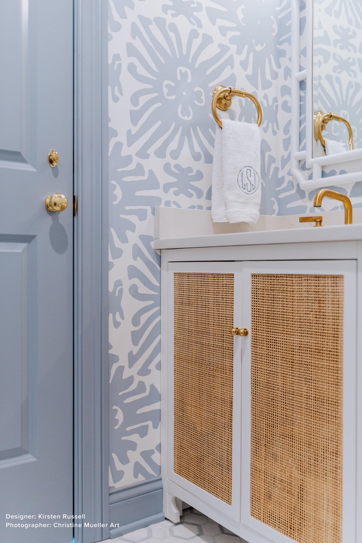 Worlds Away Bath Vanity In Matte White Lacquer With Cane Front Doors, White Marble Top, And Porcelain Sink