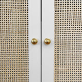 Worlds Away Bath Vanity In Matte White Lacquer With Cane Front Doors, White Marble Top, And Porcelain Sink