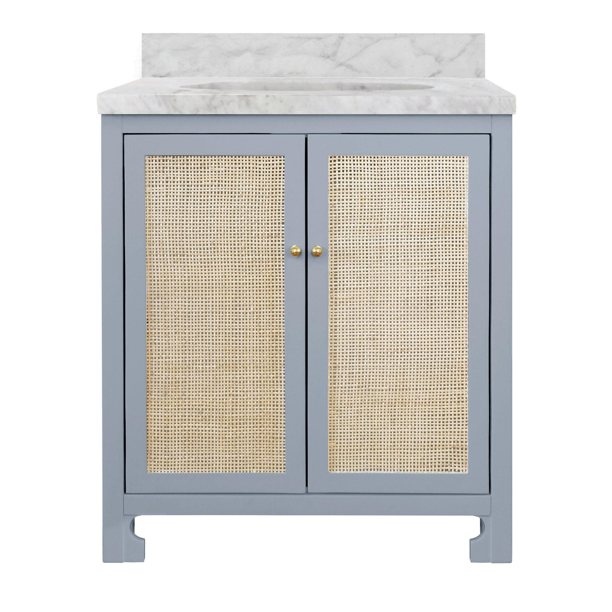 Worlds Away Bath Vanity In Matte Light Blue Lacquer With Cane Front Doors, White Marble Top, Porcelain Sink, And Polished Brass Knobs