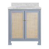 Worlds Away Bath Vanity In Matte Light Blue Lacquer With Cane Front Doors, White Marble Top, Porcelain Sink, And Polished Brass Knobs