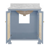 Worlds Away Bath Vanity In Matte Light Blue Lacquer With Cane Front Doors, White Marble Top, Porcelain Sink, And Polished Brass Knobs