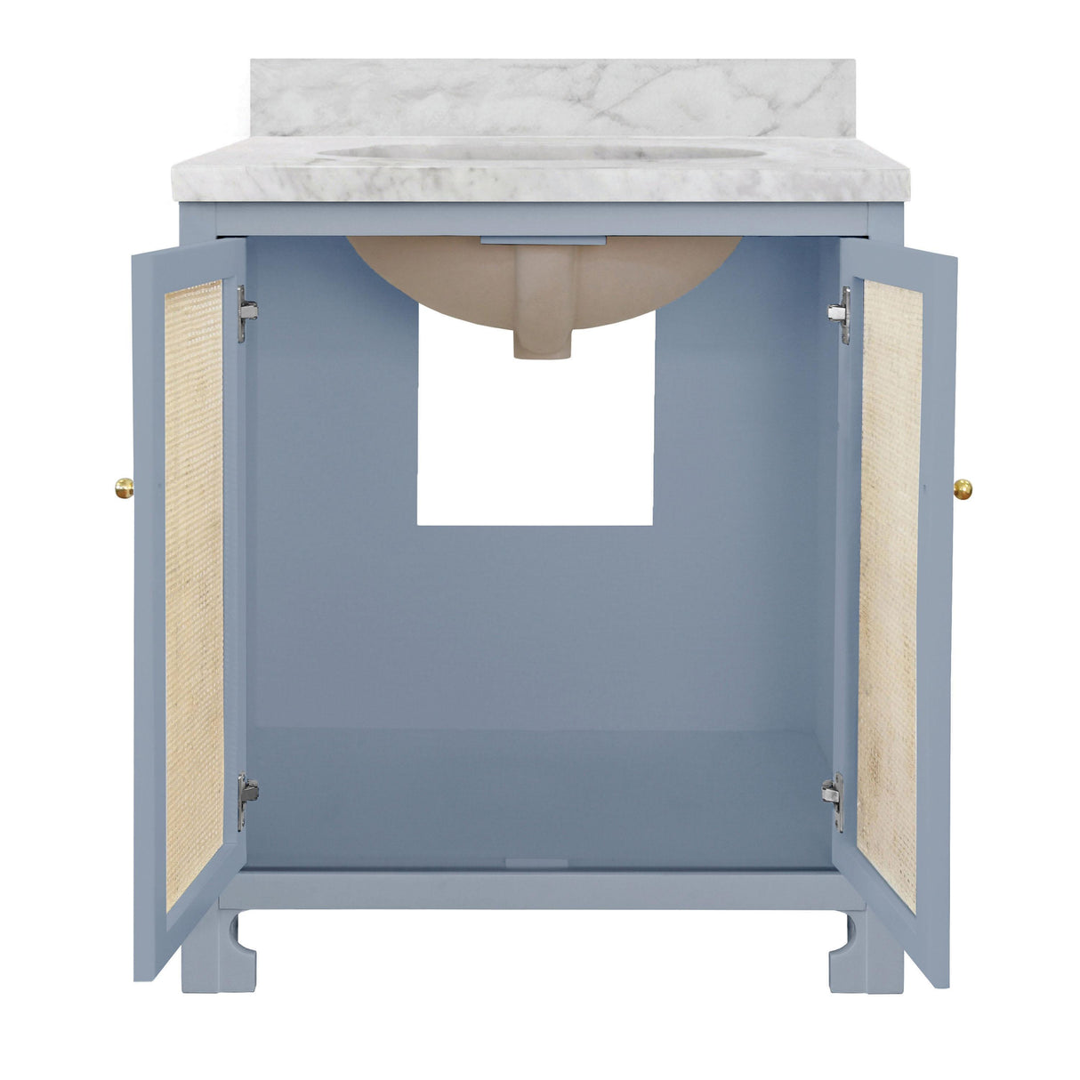 Worlds Away Bath Vanity In Matte Light Blue Lacquer With Cane Front Doors, White Marble Top, Porcelain Sink, And Polished Brass Knobs