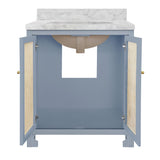 Worlds Away Bath Vanity In Matte Light Blue Lacquer With Cane Front Doors, White Marble Top, Porcelain Sink, And Polished Brass Knobs