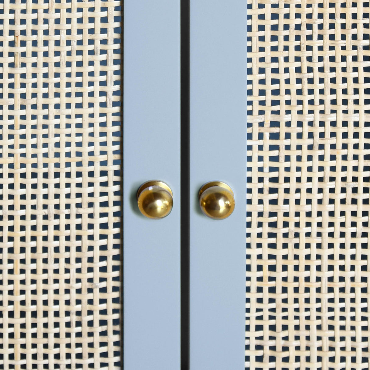 Worlds Away Bath Vanity In Matte Light Blue Lacquer With Cane Front Doors, White Marble Top, Porcelain Sink, And Polished Brass Knobs
