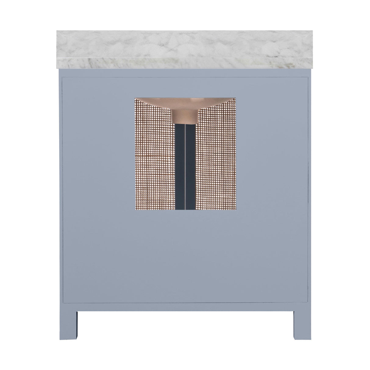 Worlds Away Bath Vanity In Matte Light Blue Lacquer With Cane Front Doors, White Marble Top, Porcelain Sink, And Polished Brass Knobs