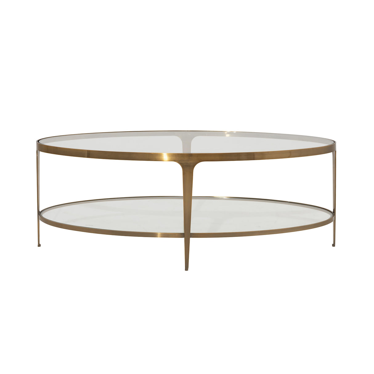 Worlds Away Two Tier Glass Top Oval Coffee Table In Antique Brass