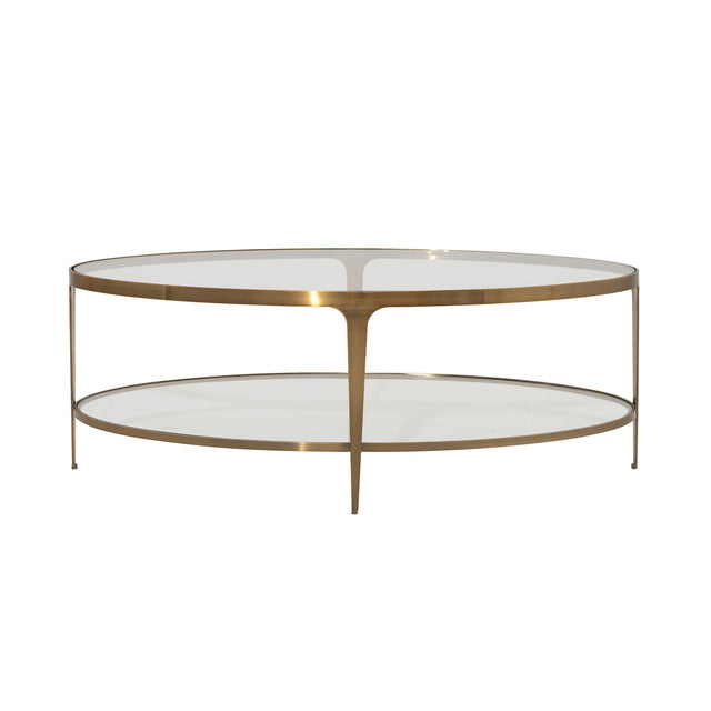 Worlds Away Two Tier Glass Top Oval Coffee Table In Antique Brass