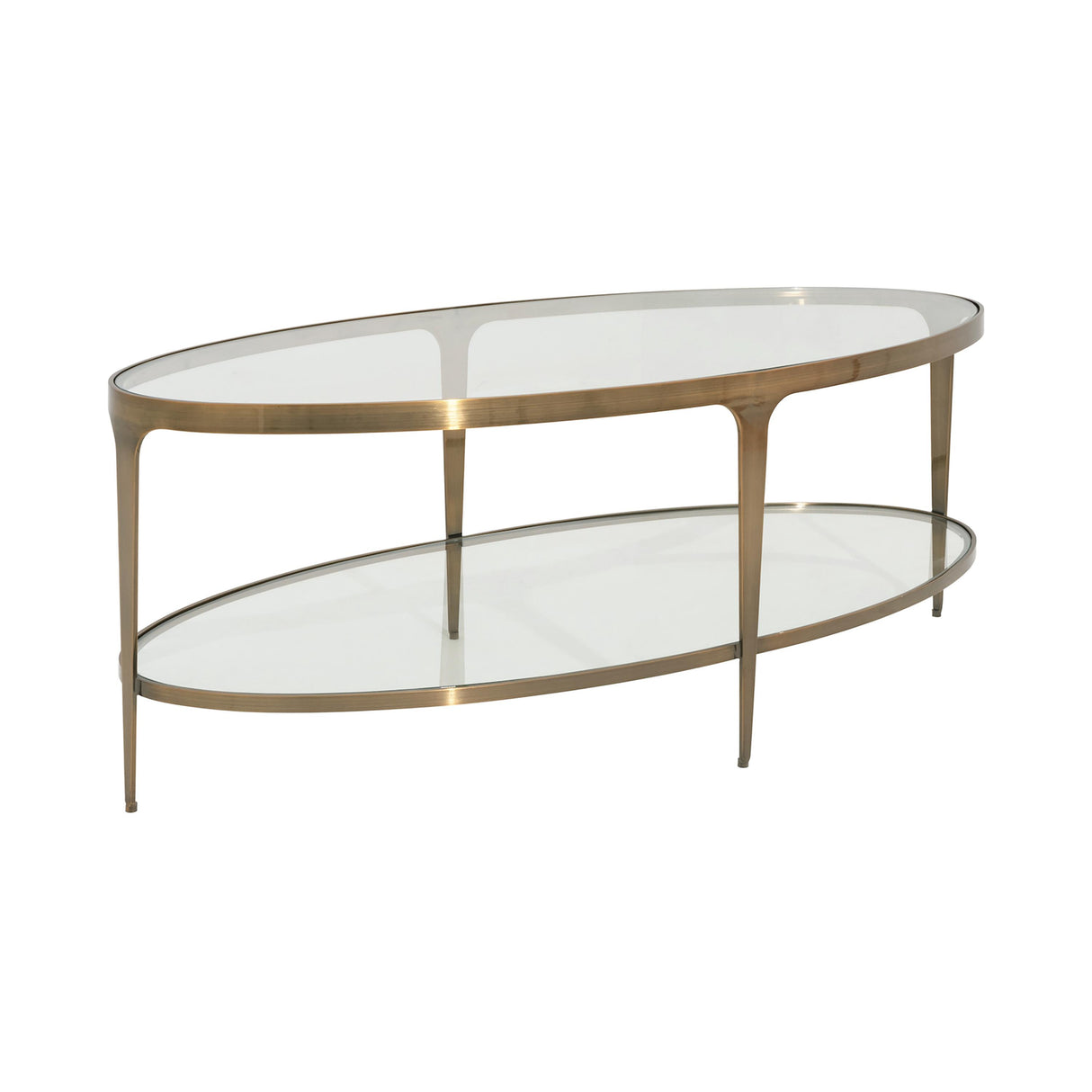 Worlds Away Two Tier Glass Top Oval Coffee Table In Antique Brass