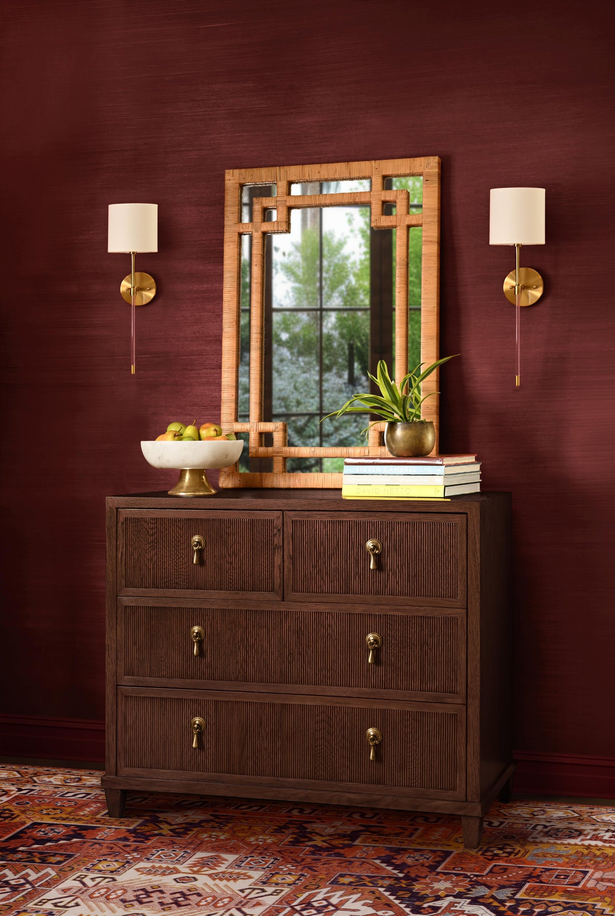 Worlds Away Acrylic Sconce W. Wh Linen Shade In Antique Brass