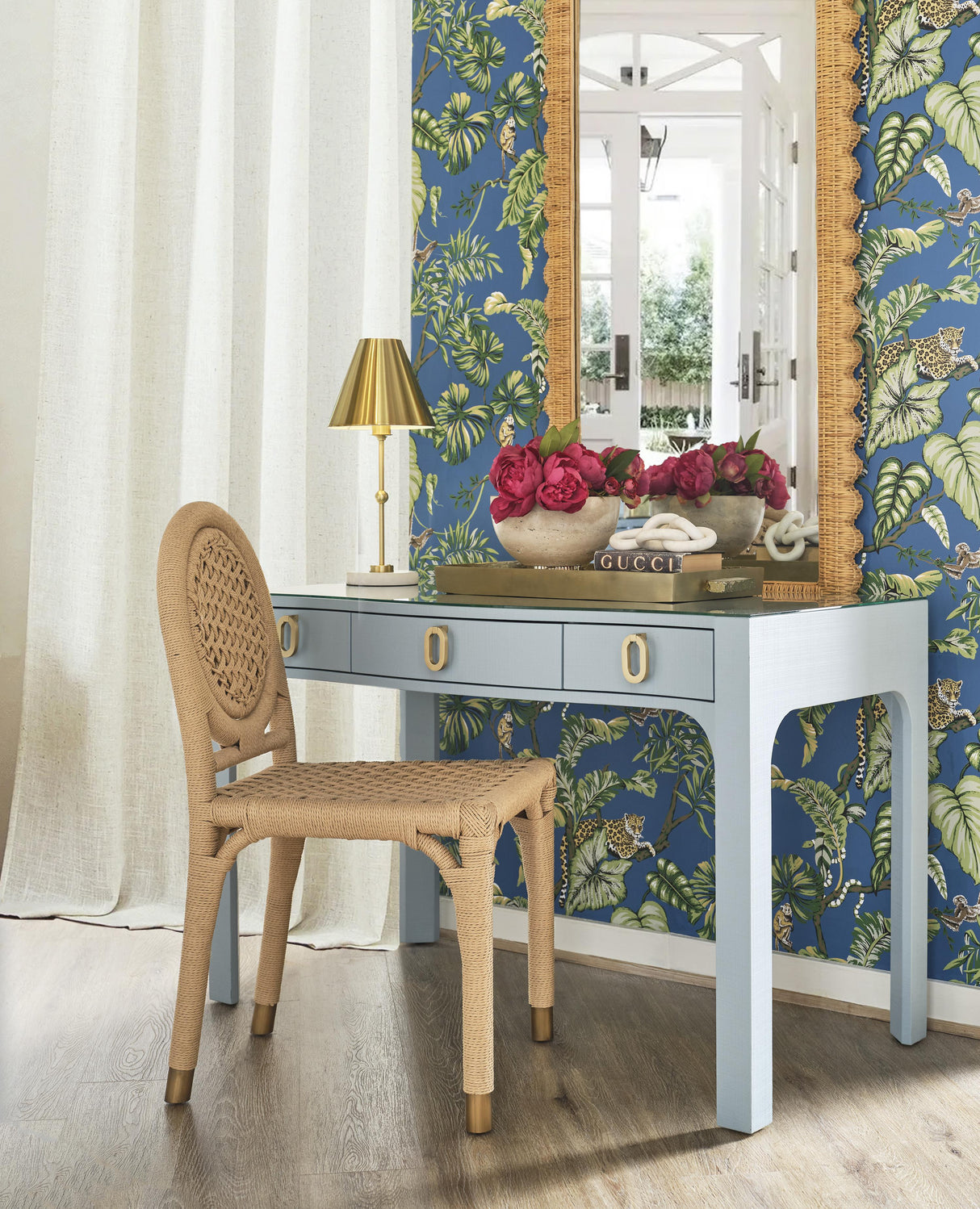 Worlds Away Scallop Edge Rattan Floor Mirror