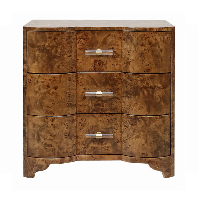 Worlds Away Three Drawer Side Table In Dark Burl Wood With Acrylic Hardware