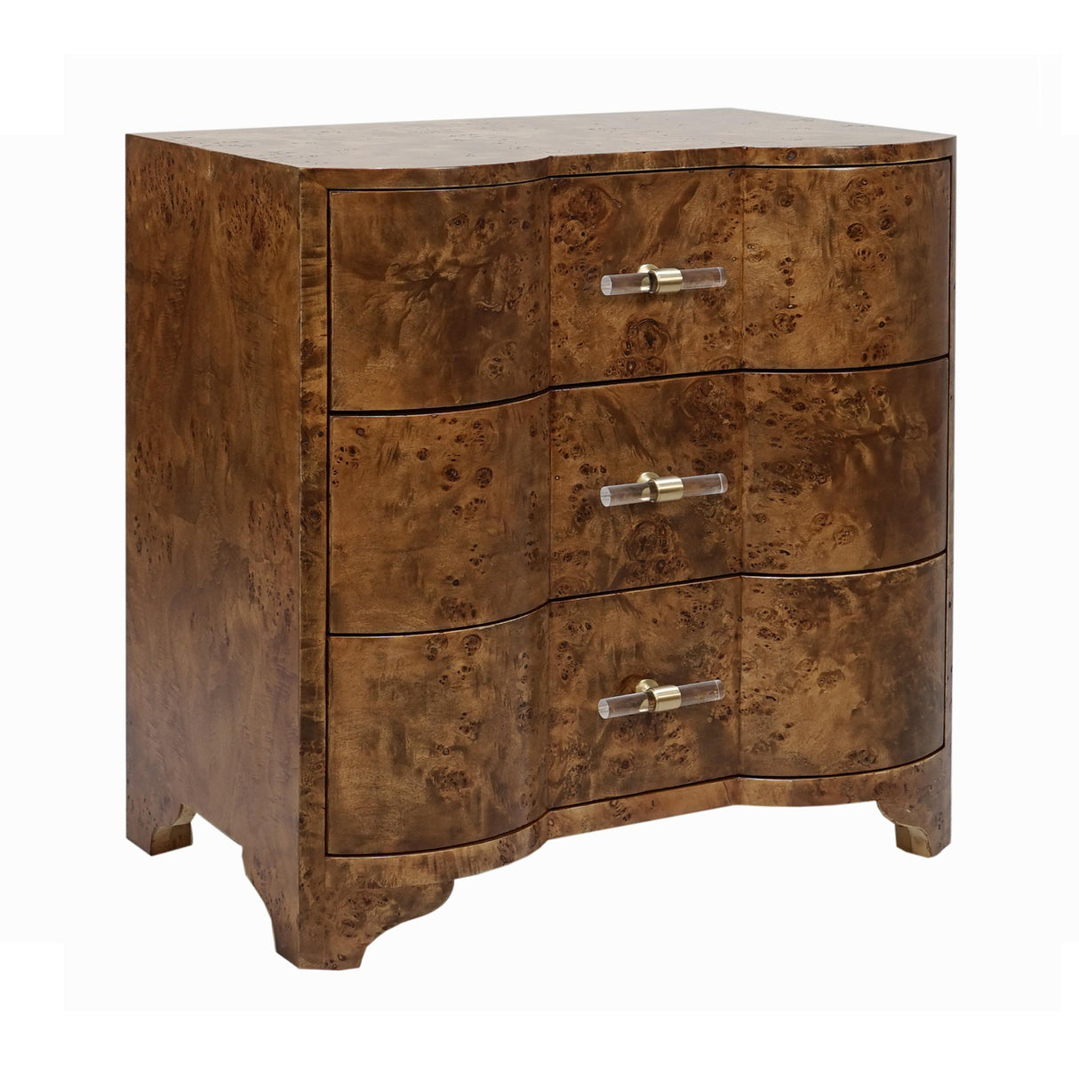 Worlds Away Three Drawer Side Table In Dark Burl Wood With Acrylic Hardware