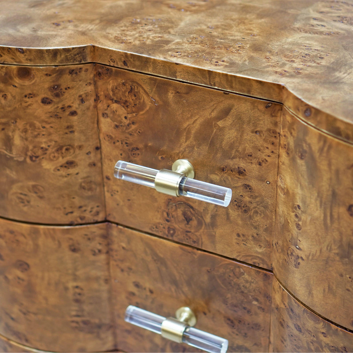 Worlds Away Three Drawer Side Table In Dark Burl Wood With Acrylic Hardware