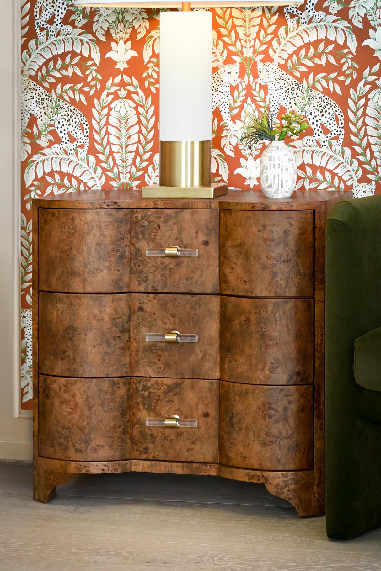Worlds Away Three Drawer Side Table In Dark Burl Wood With Acrylic Hardware
