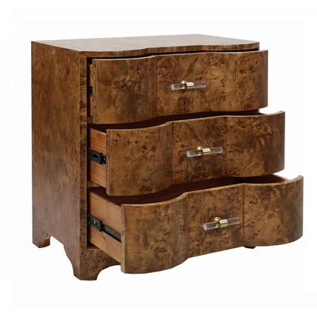 Worlds Away Three Drawer Side Table In Dark Burl Wood With Acrylic Hardware