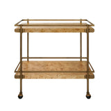 Worlds Away Antique Brass Bar Cart With Shelves In Burl Wood