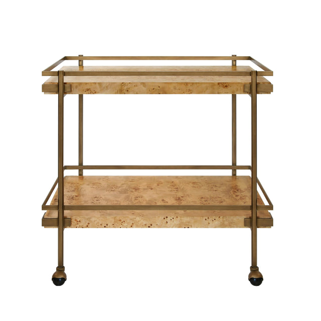 Worlds Away Antique Brass Bar Cart With Shelves In Burl Wood