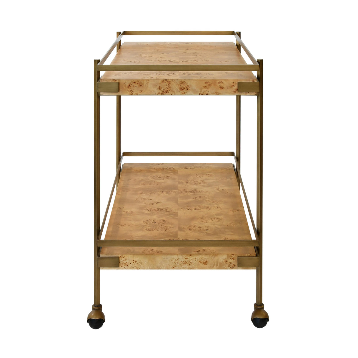 Worlds Away Antique Brass Bar Cart With Shelves In Burl Wood