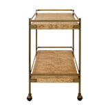 Worlds Away Antique Brass Bar Cart With Shelves In Burl Wood