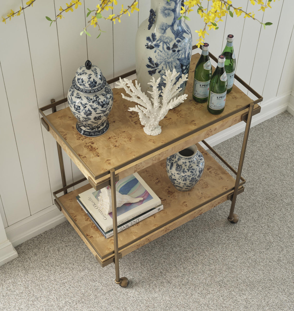 Worlds Away Antique Brass Bar Cart With Shelves In Burl Wood