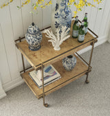 Worlds Away Antique Brass Bar Cart With Shelves In Burl Wood