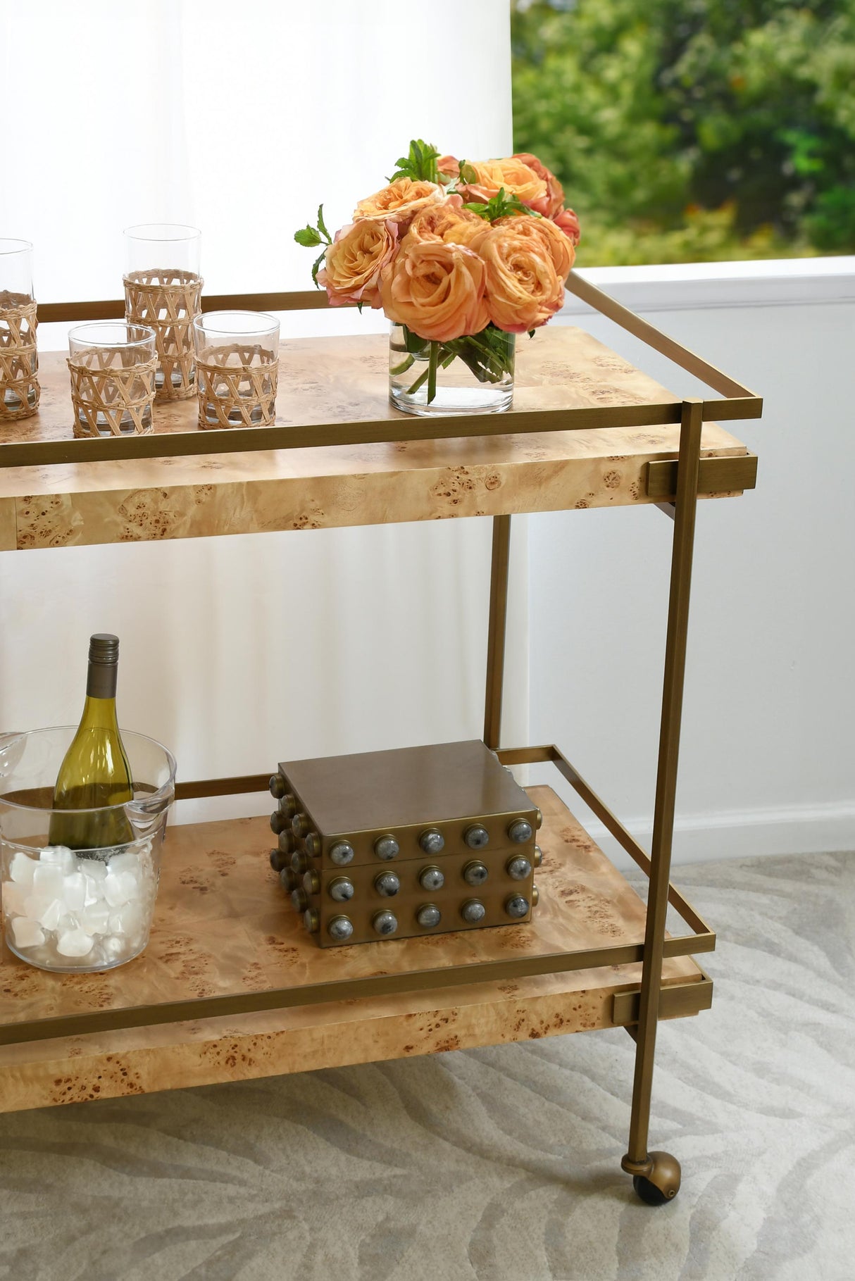 Worlds Away Antique Brass Bar Cart With Shelves In Burl Wood