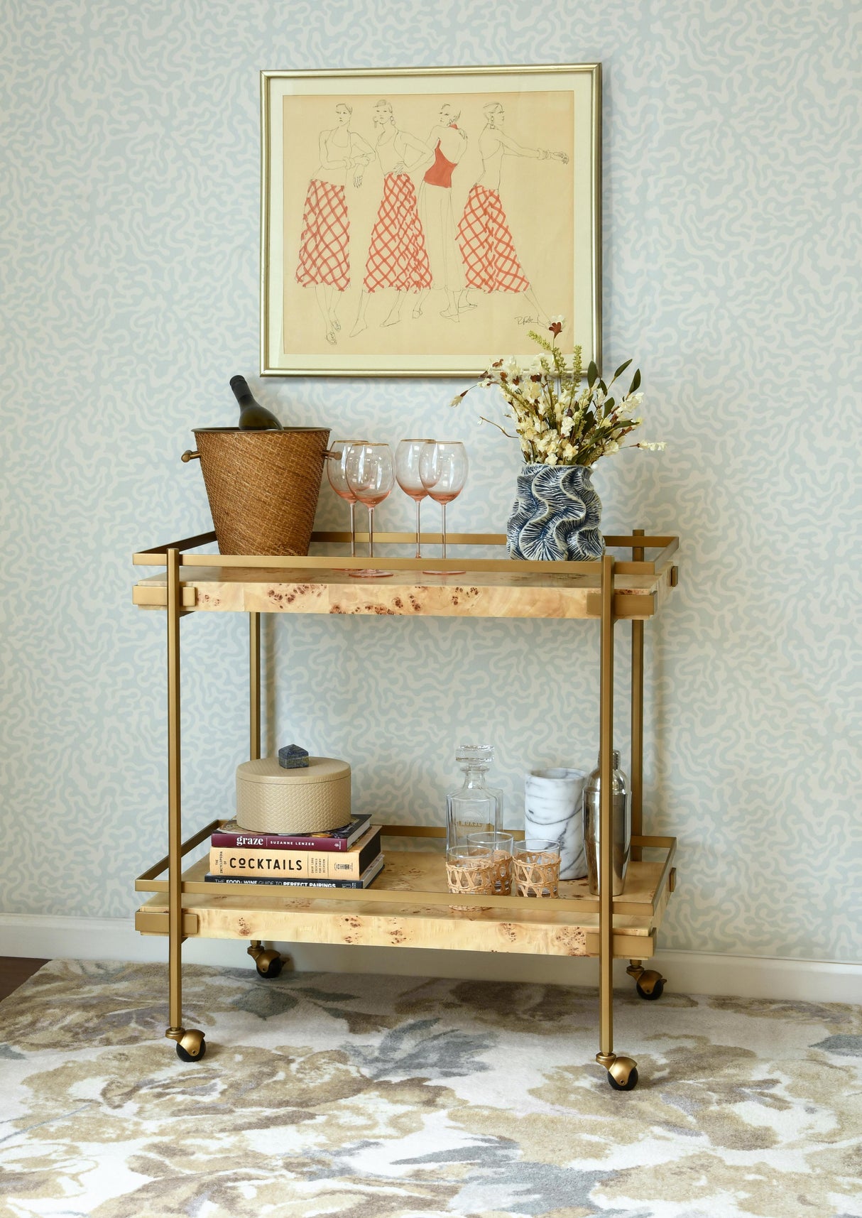 Worlds Away Antique Brass Bar Cart With Shelves In Burl Wood