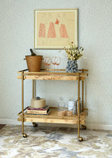 Worlds Away Antique Brass Bar Cart With Shelves In Burl Wood