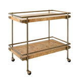 Worlds Away Antique Brass Bar Cart With Shelves In Burl Wood