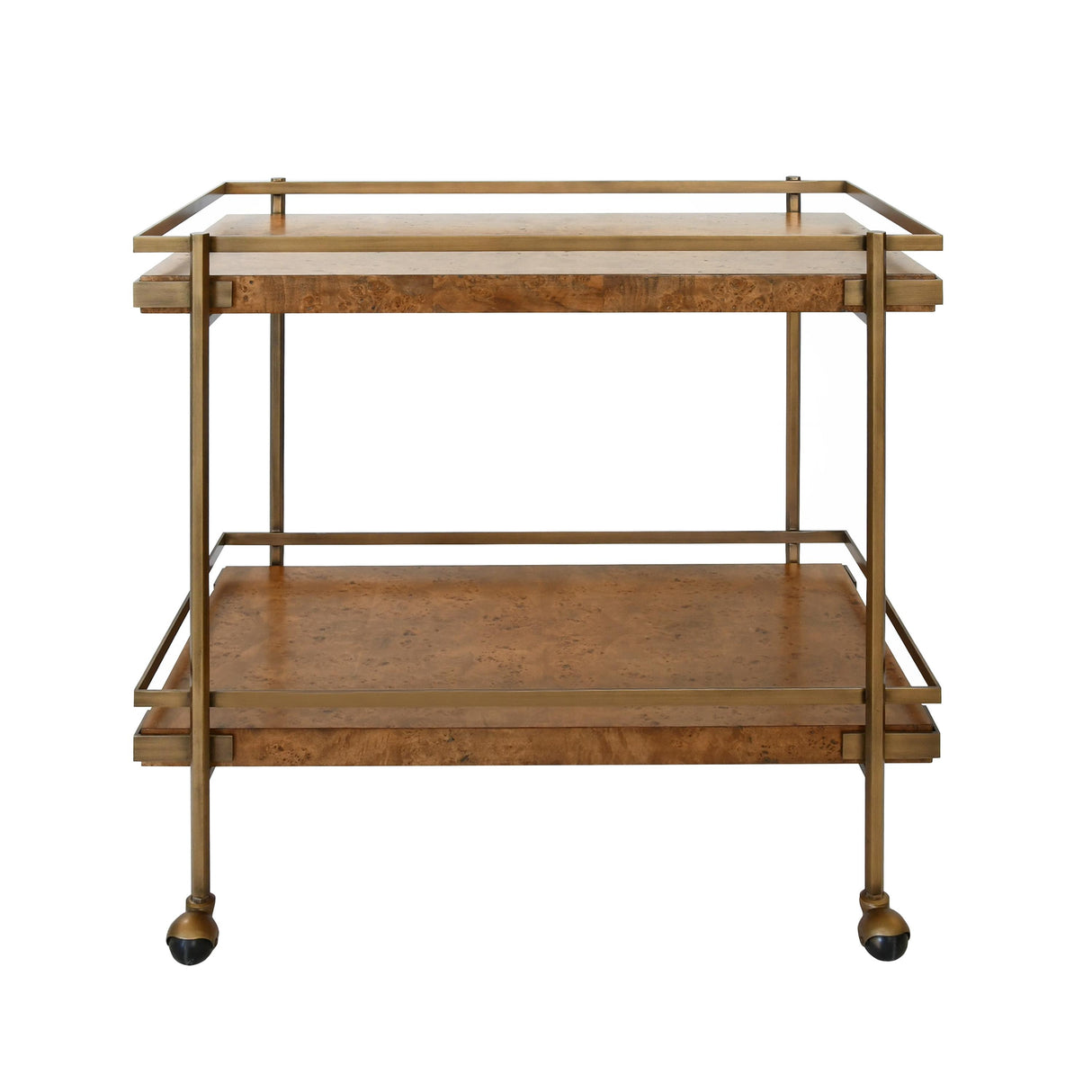Worlds Away Antique Brass Bar Cart With Shelves In Dark Burl Wood