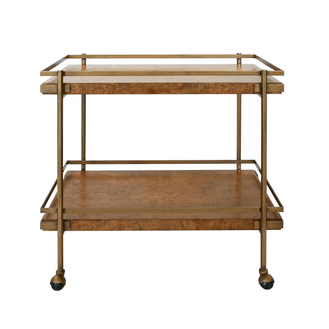 Worlds Away Antique Brass Bar Cart With Shelves In Dark Burl Wood